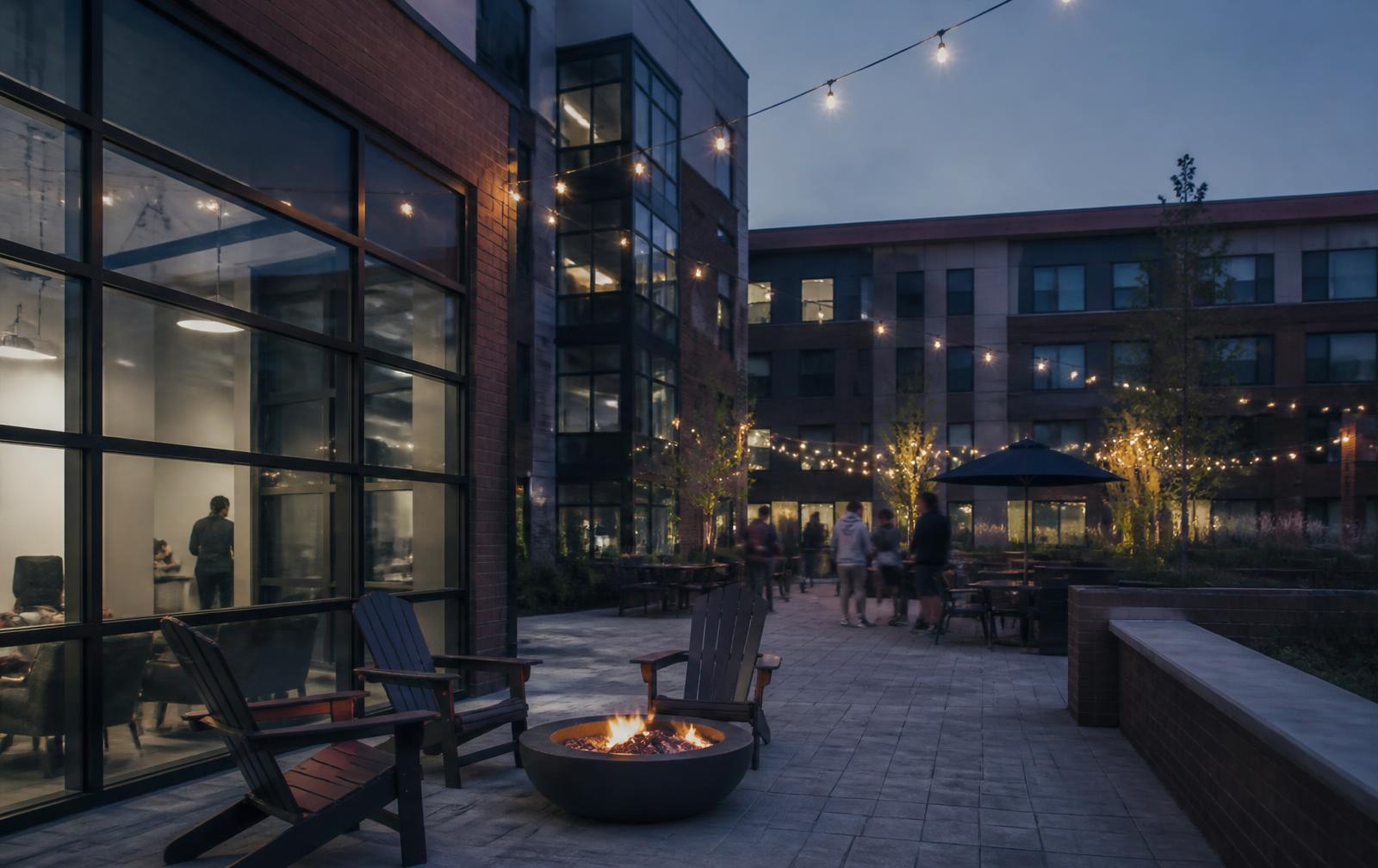 Courtyard of a student housing community in afternoon light