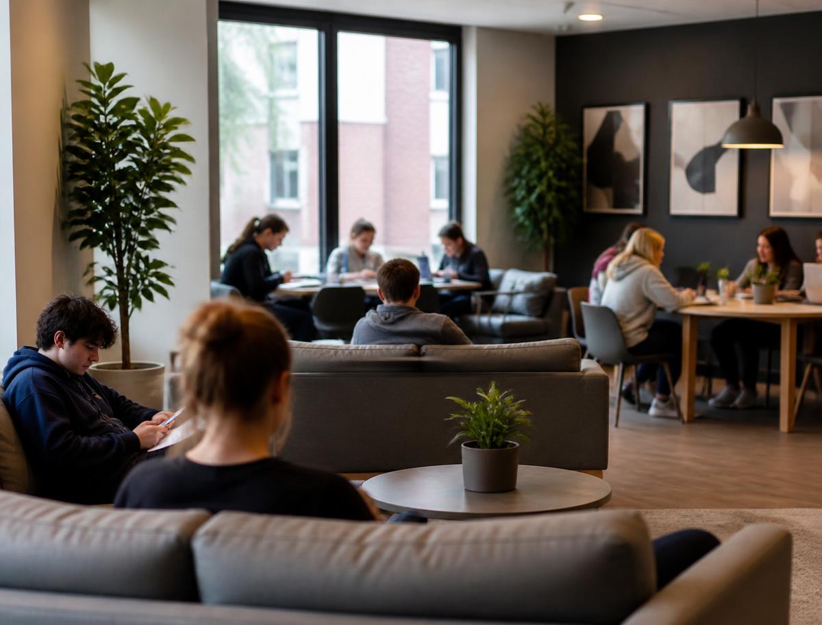Residents in a student housing common area