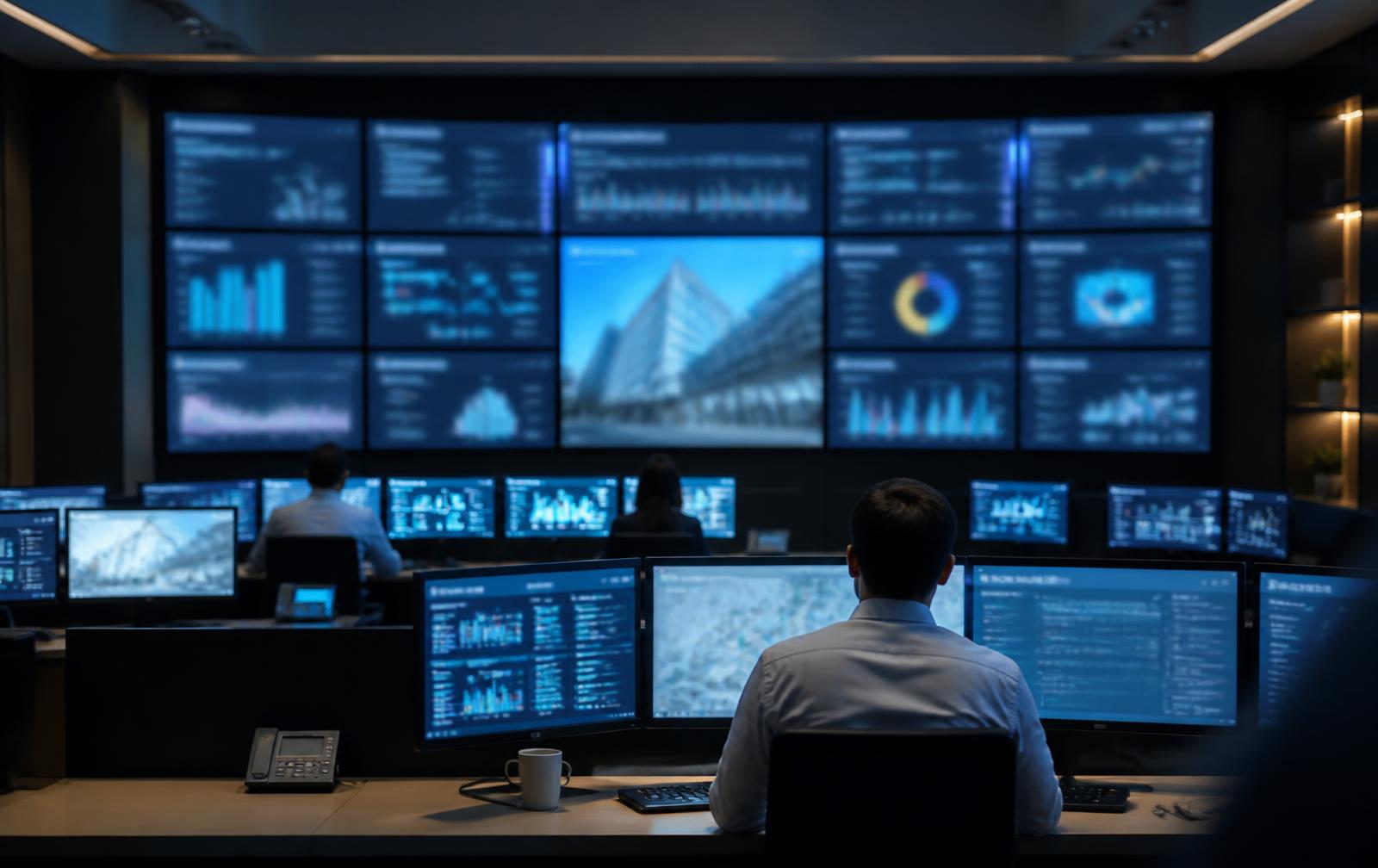 Operations room with regional managers reviewing portfolio screens