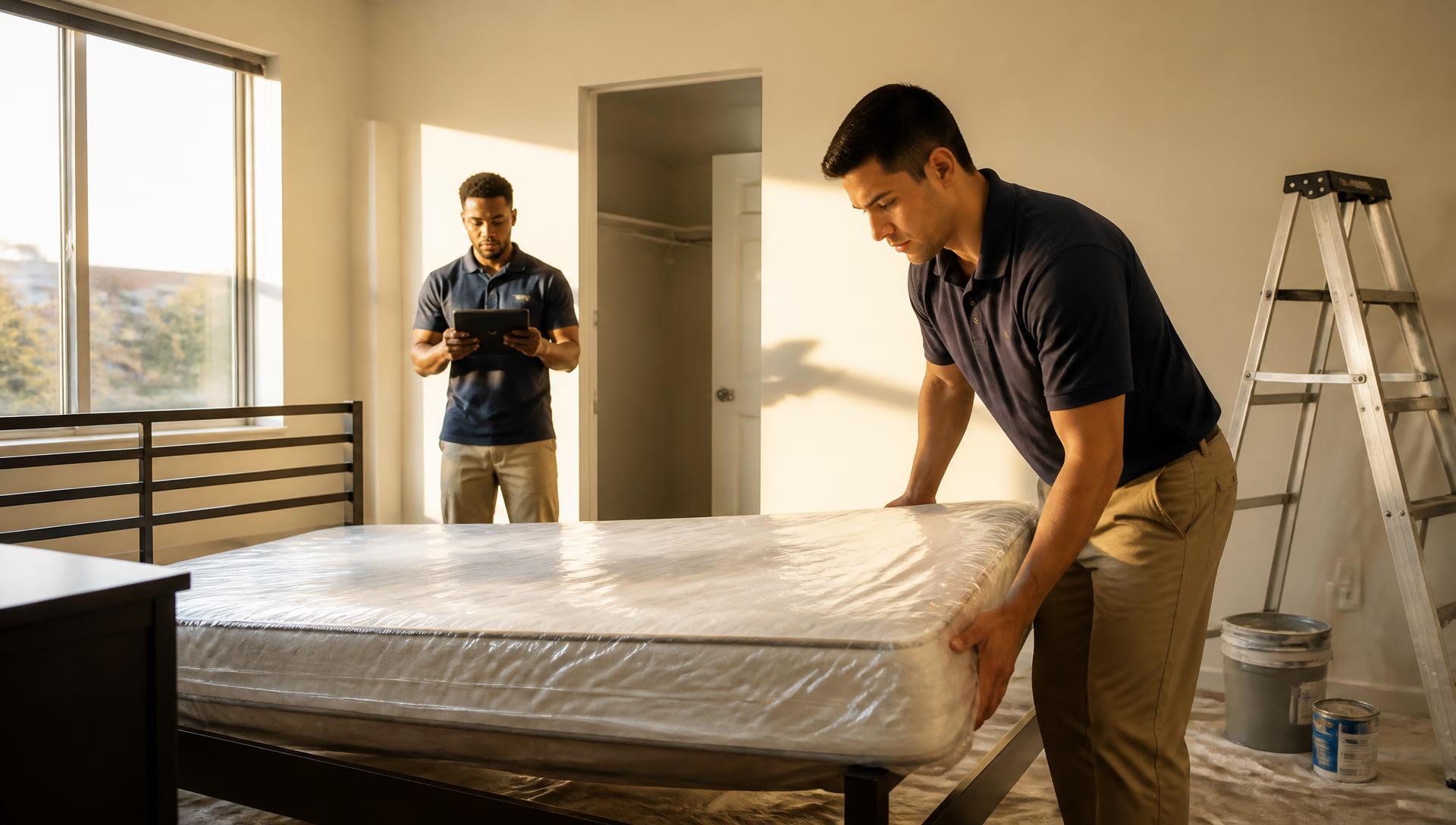 Turn-week crew painting and moving a mattress through a student apartment in late light