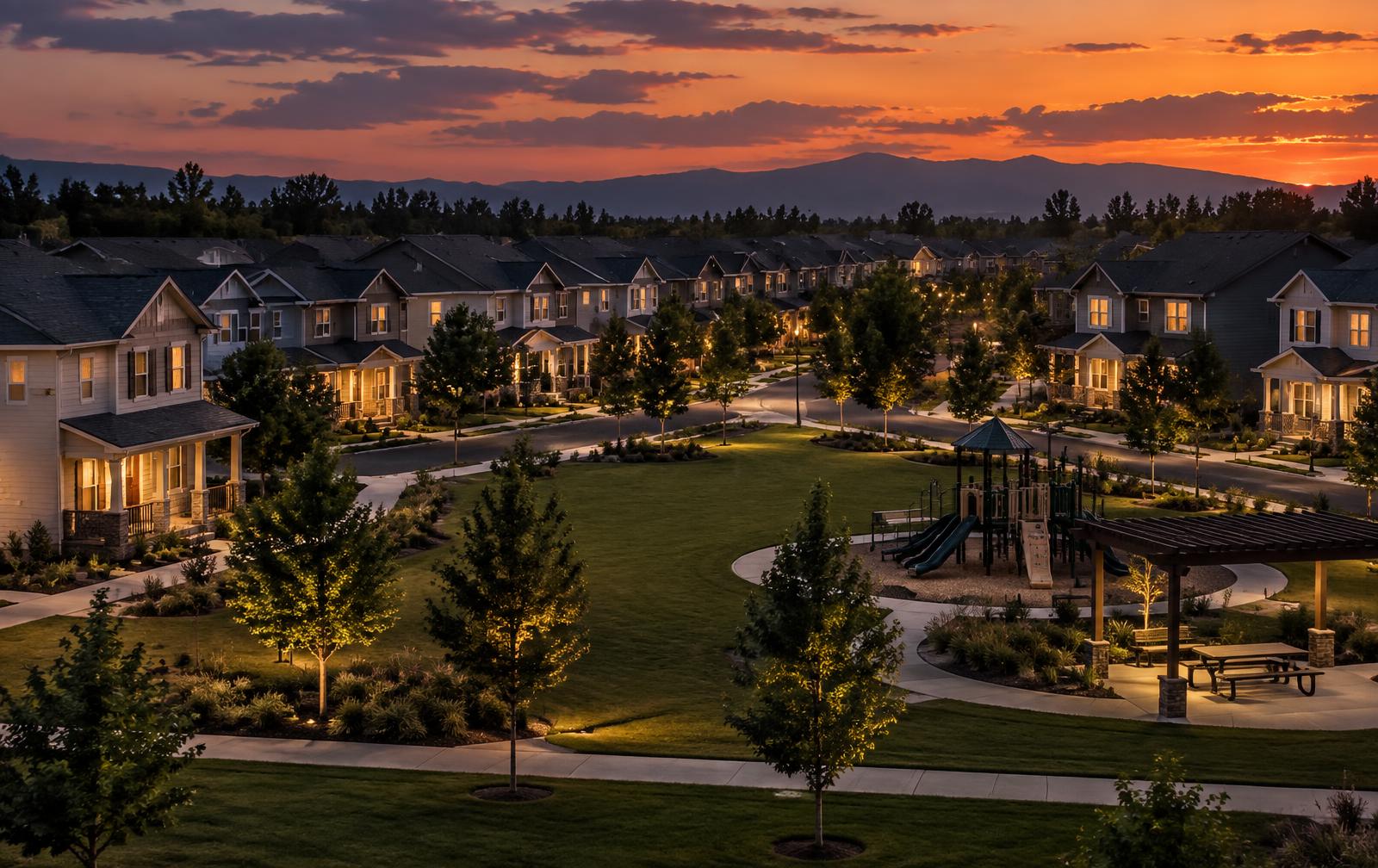 A planned military family housing neighborhood with shared green space at dusk
