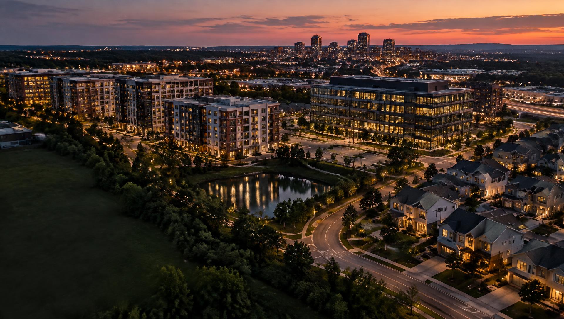 Mixed property portfolio at a metro edge at dusk