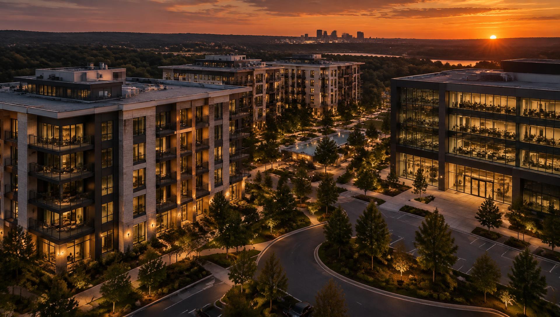 Institutional mixed property portfolio with operator portfolio and commercial buildings at dusk